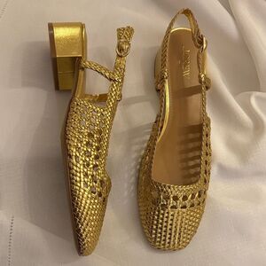 J. Crew Metallic Gold Woven Slingback heels.